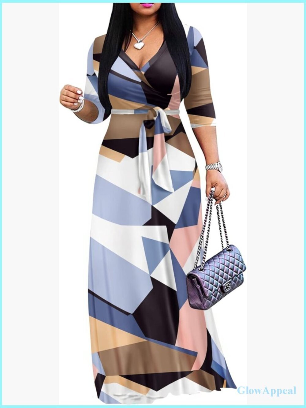 Plus Size Maxi Dress V-Neck 3/4 Sleeve Wrap Casual Sundress